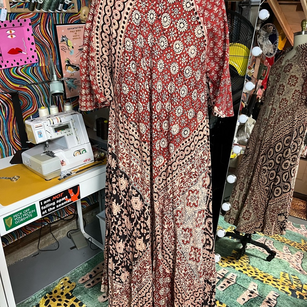 Vintage 70’s Rust Floral Print Indian Cotton Gauze Maxi Dress - Picture 5 of 7